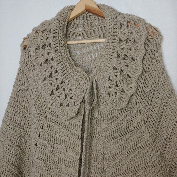 Handmade Crocheted Womens OSFA Sweater Shawl Collared Beige Pom Pom Cottagecore - Picture 2 of 9